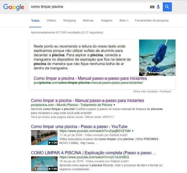 Buscando no Google "Como limpar piscina"
